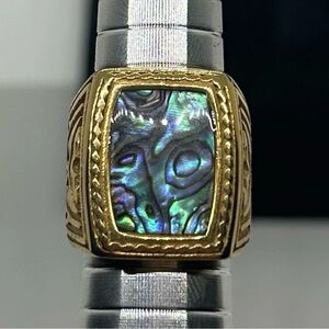 Gold-Tone Stainless Steel Ring w/ Natural Abalone Inlay For Men– Size 8.5